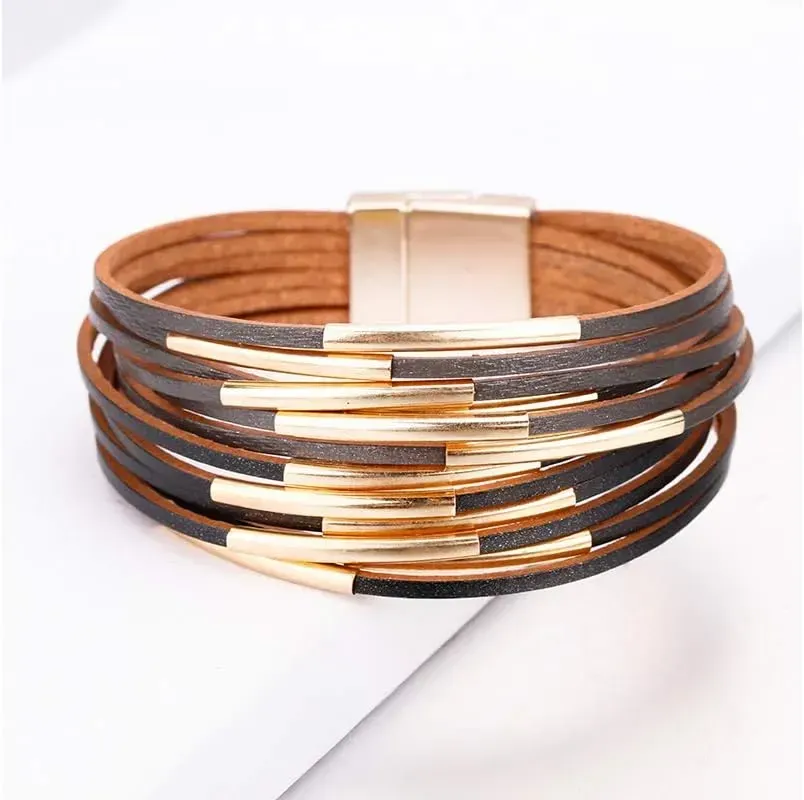 Fesciory Leather Wrap Bracelets for Women, Boho Leopard Multi-Layer Crystal Beads Cuff Bracelet Jewelry