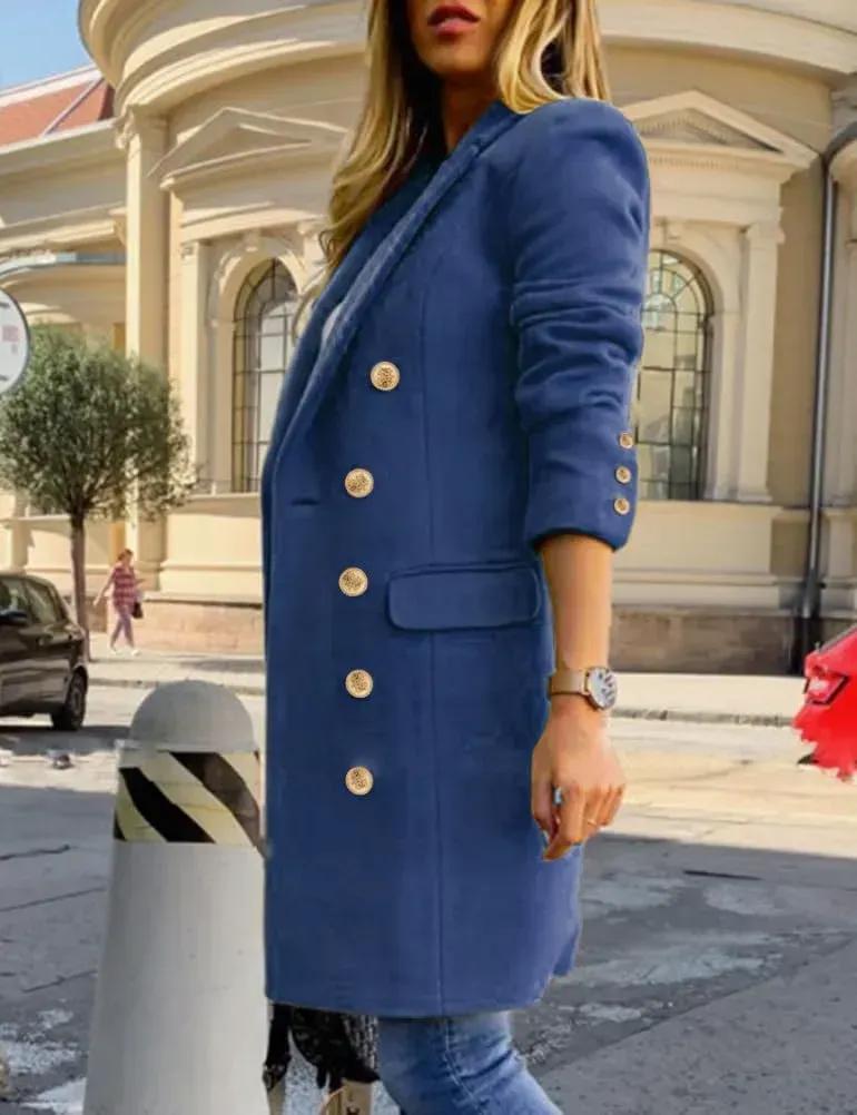 Womens Fall Winter Wool Coats Double Breasted Midi Peacoat Trench Coats