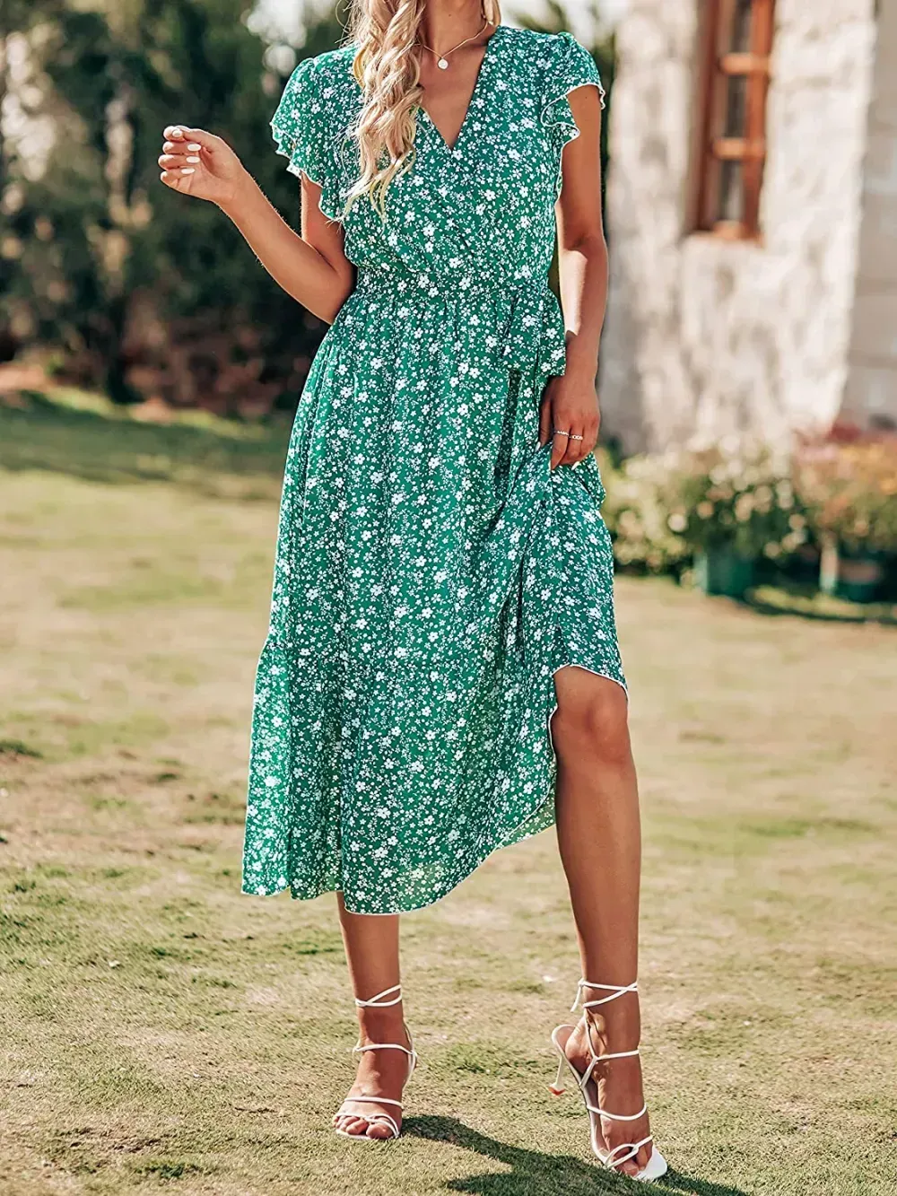Women Summer Bohemian Floral Casual Wrap V Neck Ruffle Cap Sleeveless Belt A-Line Pleated Hem Swing Midi Sun Dress