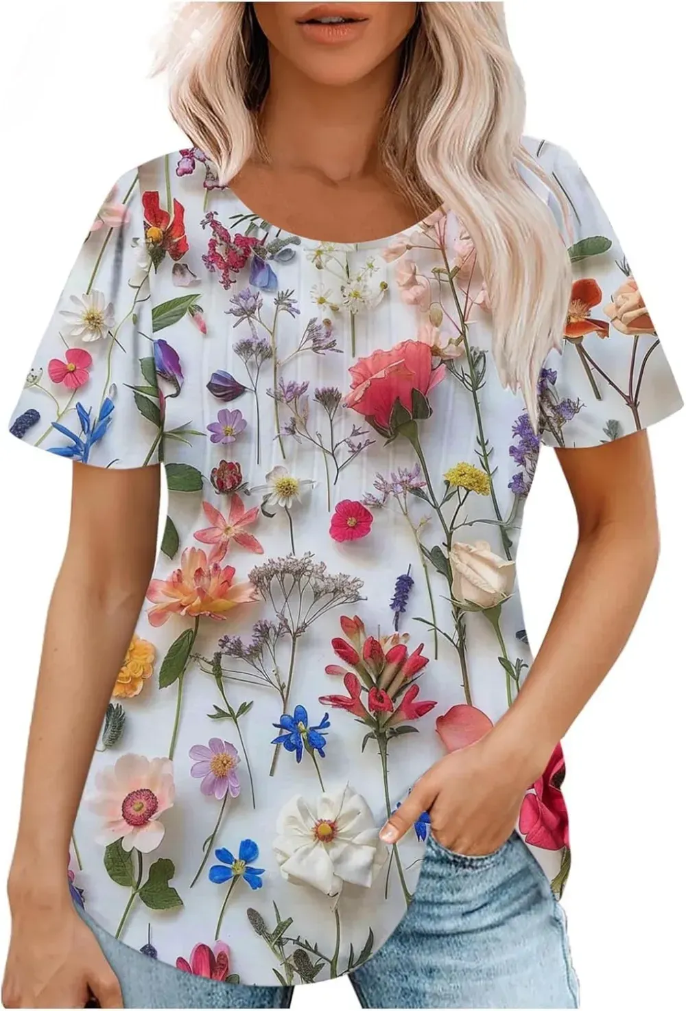 Womens Summer Pleated Front Shirts Tunics Casual Short Sleeved Loose Round Neck Boho Printed Tops Vacation Blouse