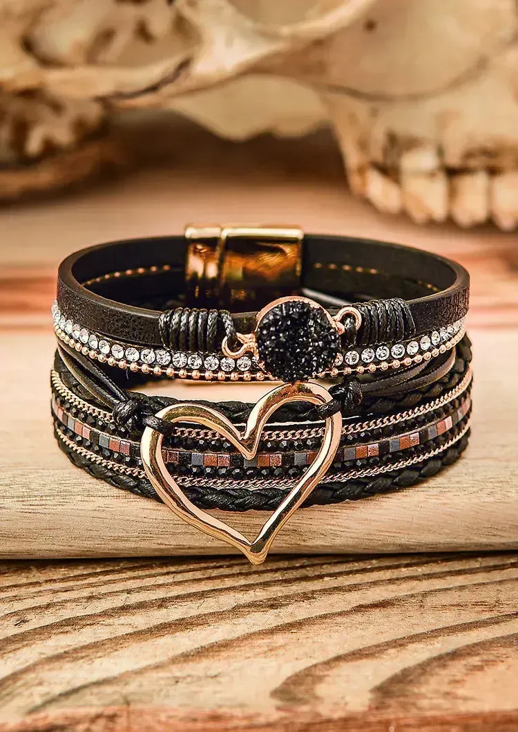 Heart Rhinestone Leather Bracelet