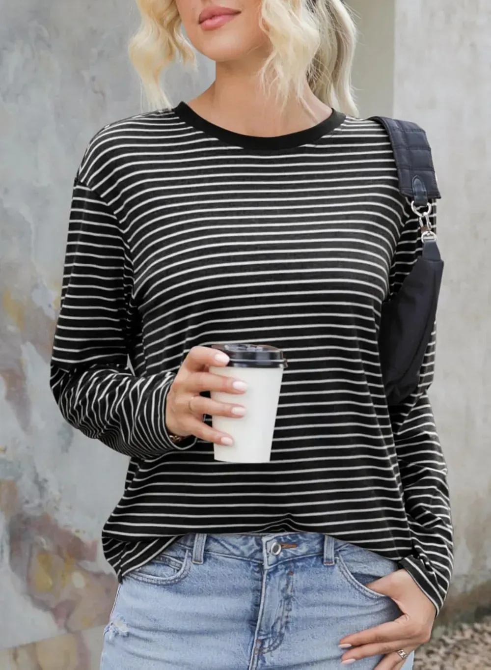 Dokotoo Women's Casual Striped Long Sleeve Tops Crew Neck Knit Ribbed Basic T Shirts