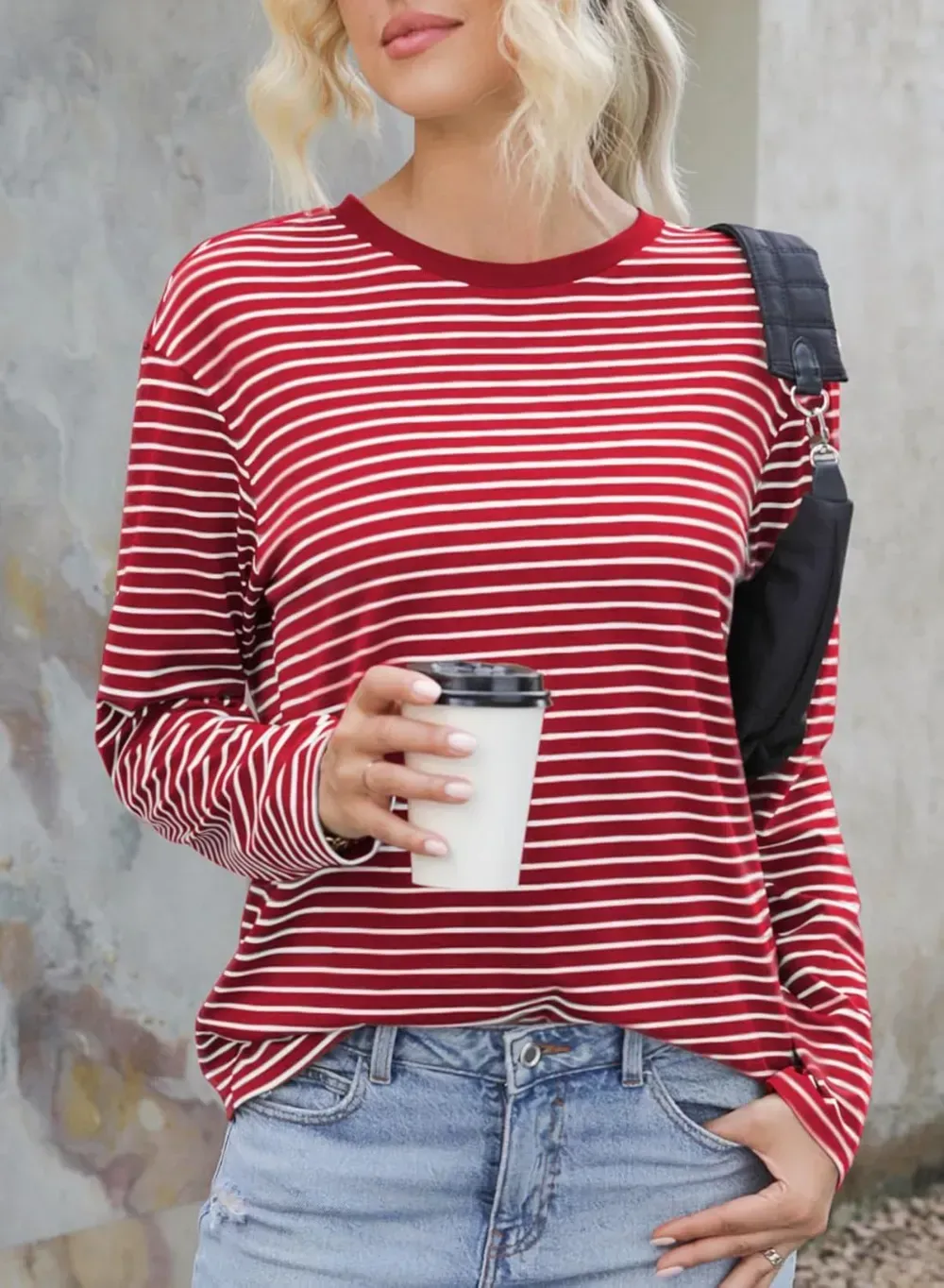 Dokotoo Women's Casual Striped Long Sleeve Tops Crew Neck Knit Ribbed Basic T Shirts