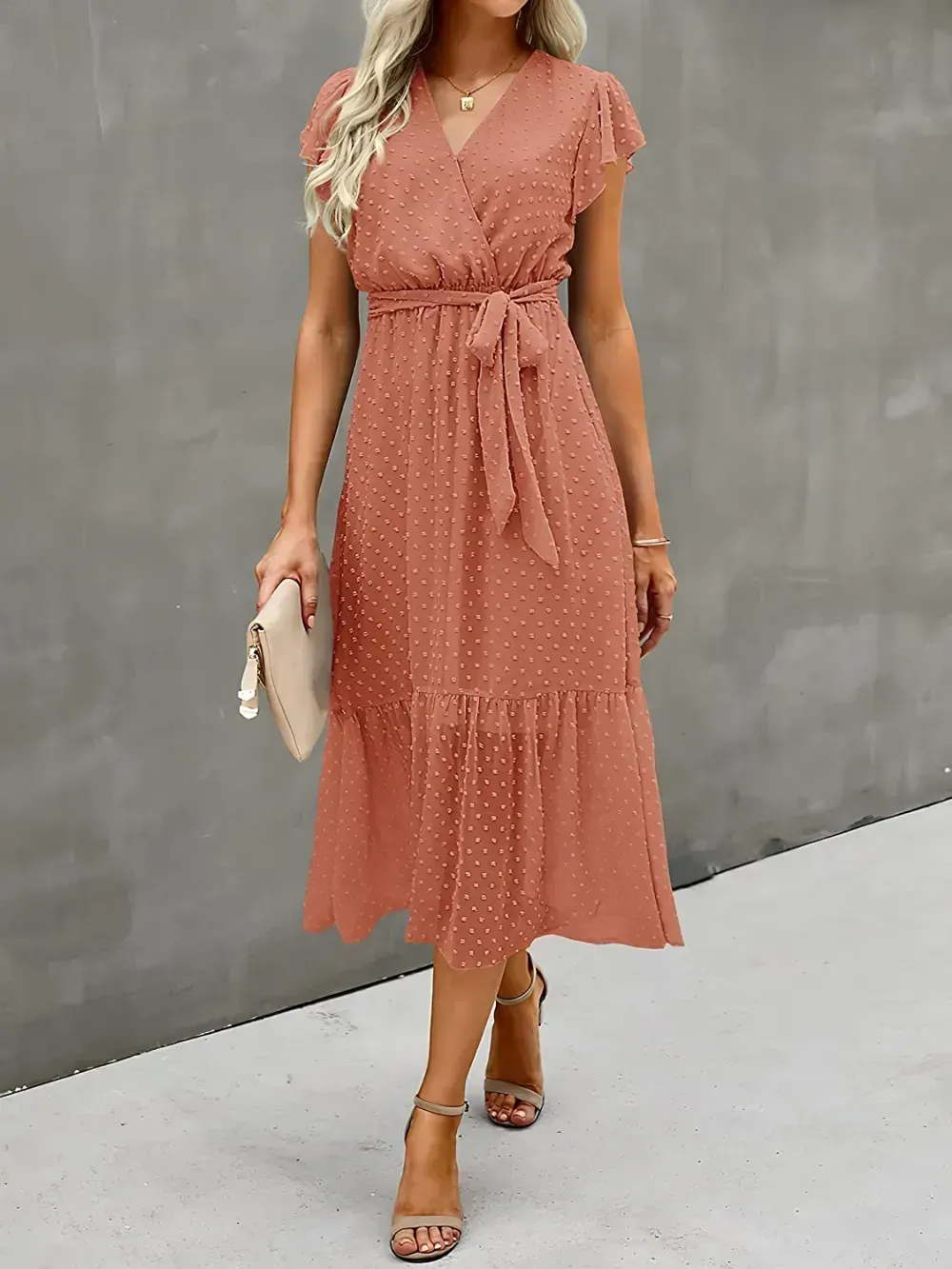 Women Summer Bohemian Floral Casual Wrap V Neck Ruffle Cap Sleeveless Belt A-Line Pleated Hem Swing Midi Sun Dress