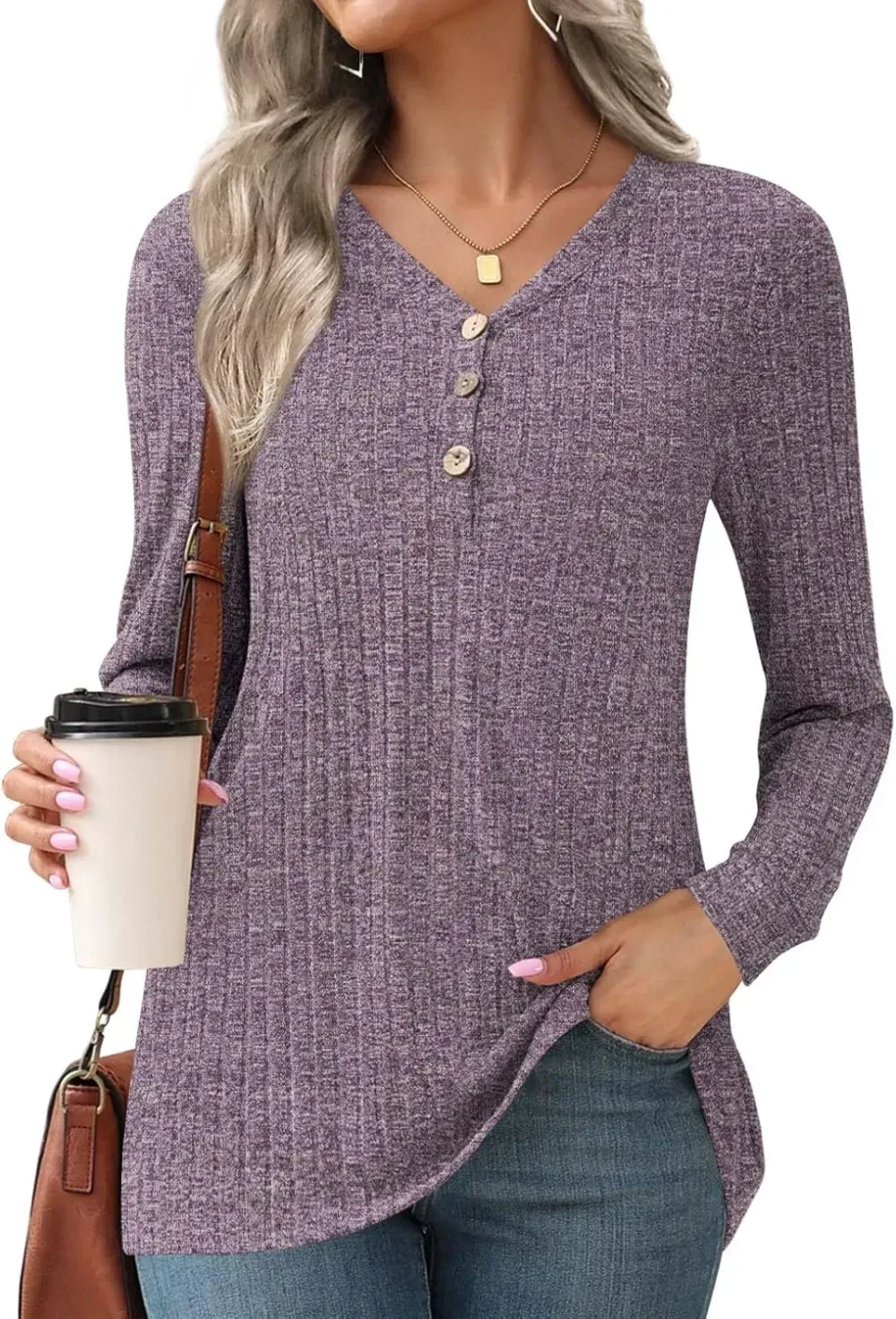 HOTGIFT Womens 2024 Fall Winter Tunic Tops Long Sleeve Casual T-Shirts Soft Comfy Stripe Blouse Lightweight