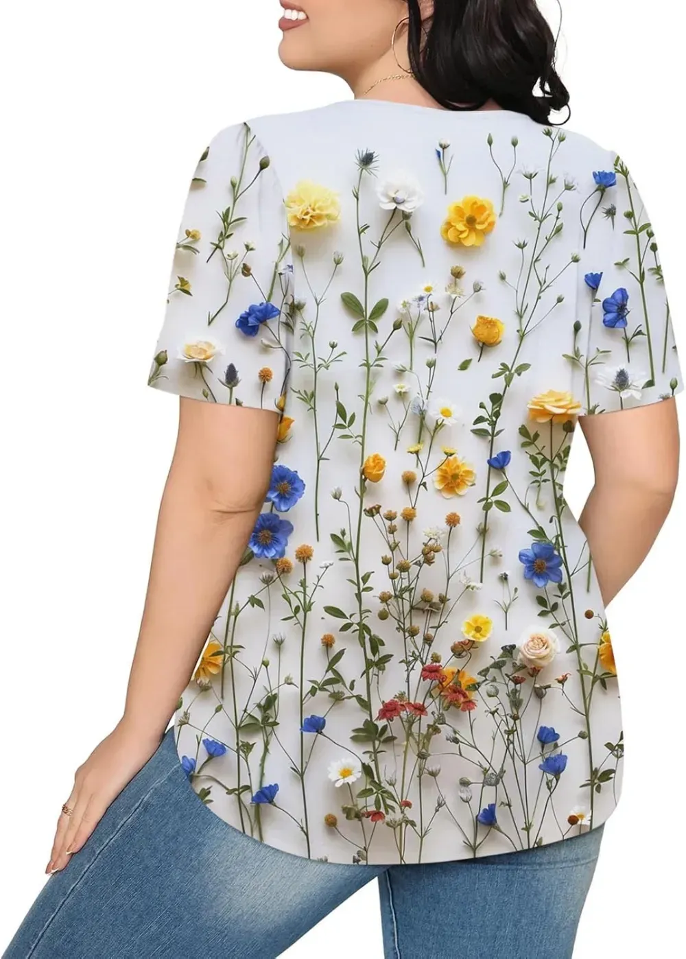 Womens Summer Pleated Front Shirts Tunics Casual Short Sleeved Loose Round Neck Boho Printed Tops Vacation Blouse