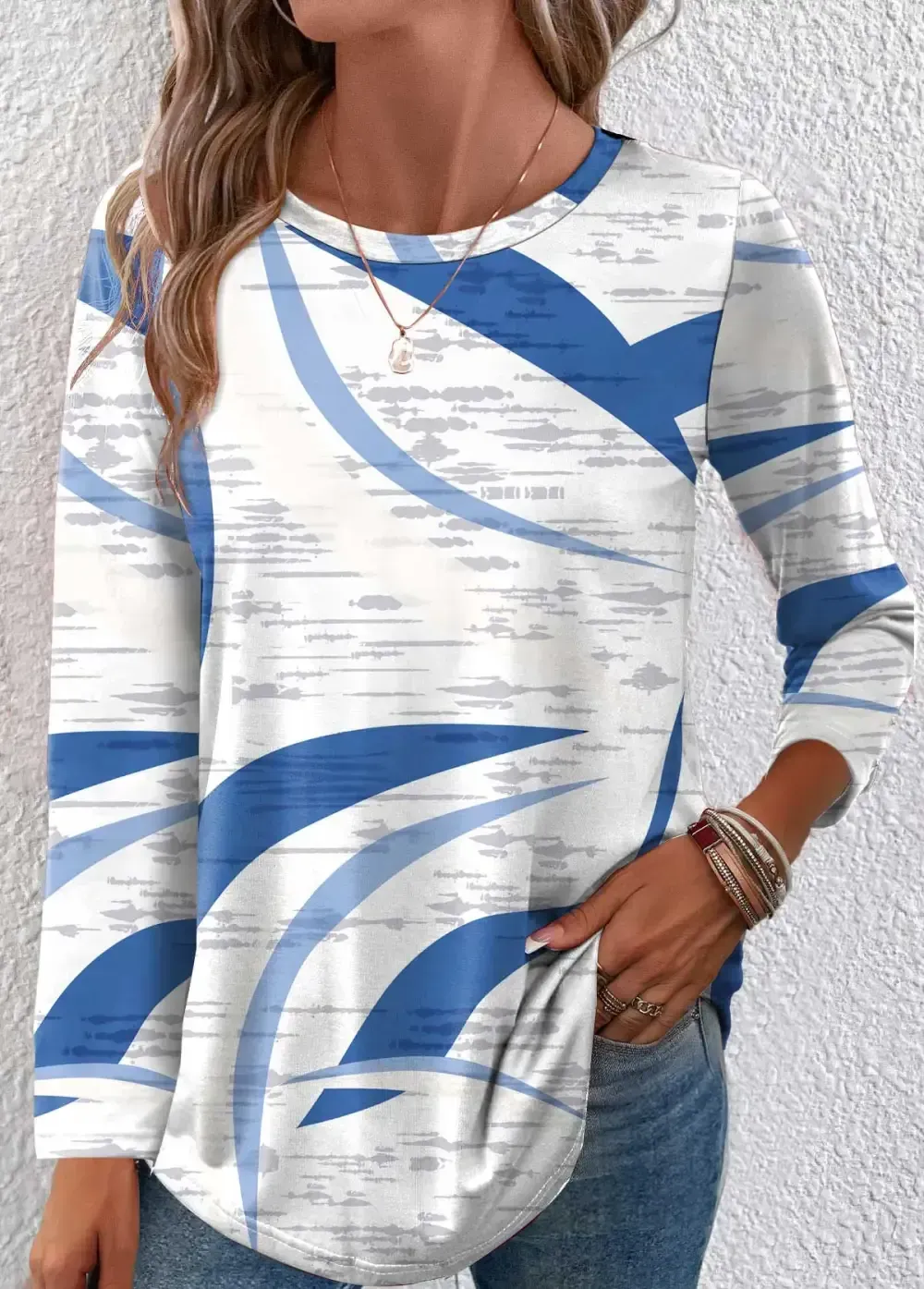 Blue Lightweight Geometric Print Long Sleeve T Shirt