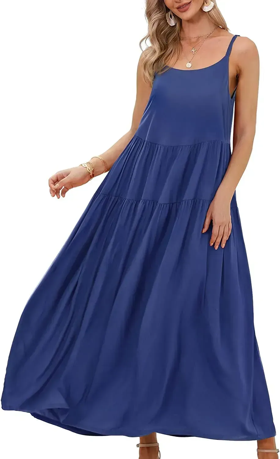 Summer Dresses for Women Casual Loose Bohemian Floral Dress with Pockets Spaghetti Strap Maxi Dress E75