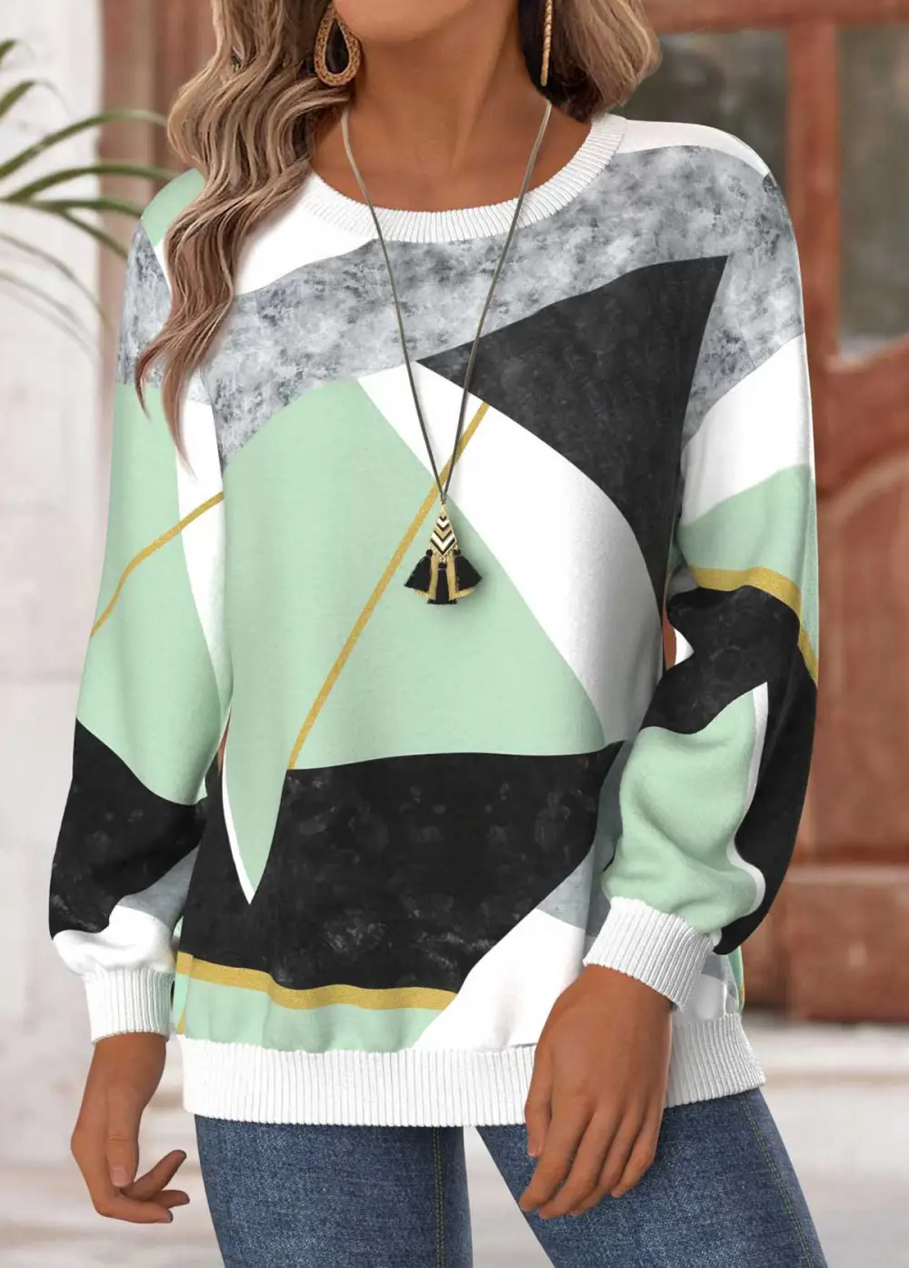 Mint Green Tummy Coverage Geometric Print Long Sleeve Sweatshirt