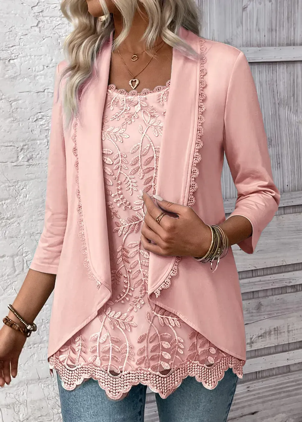 Light Pink Fake 2in1 3/4 Sleeve T Shirt