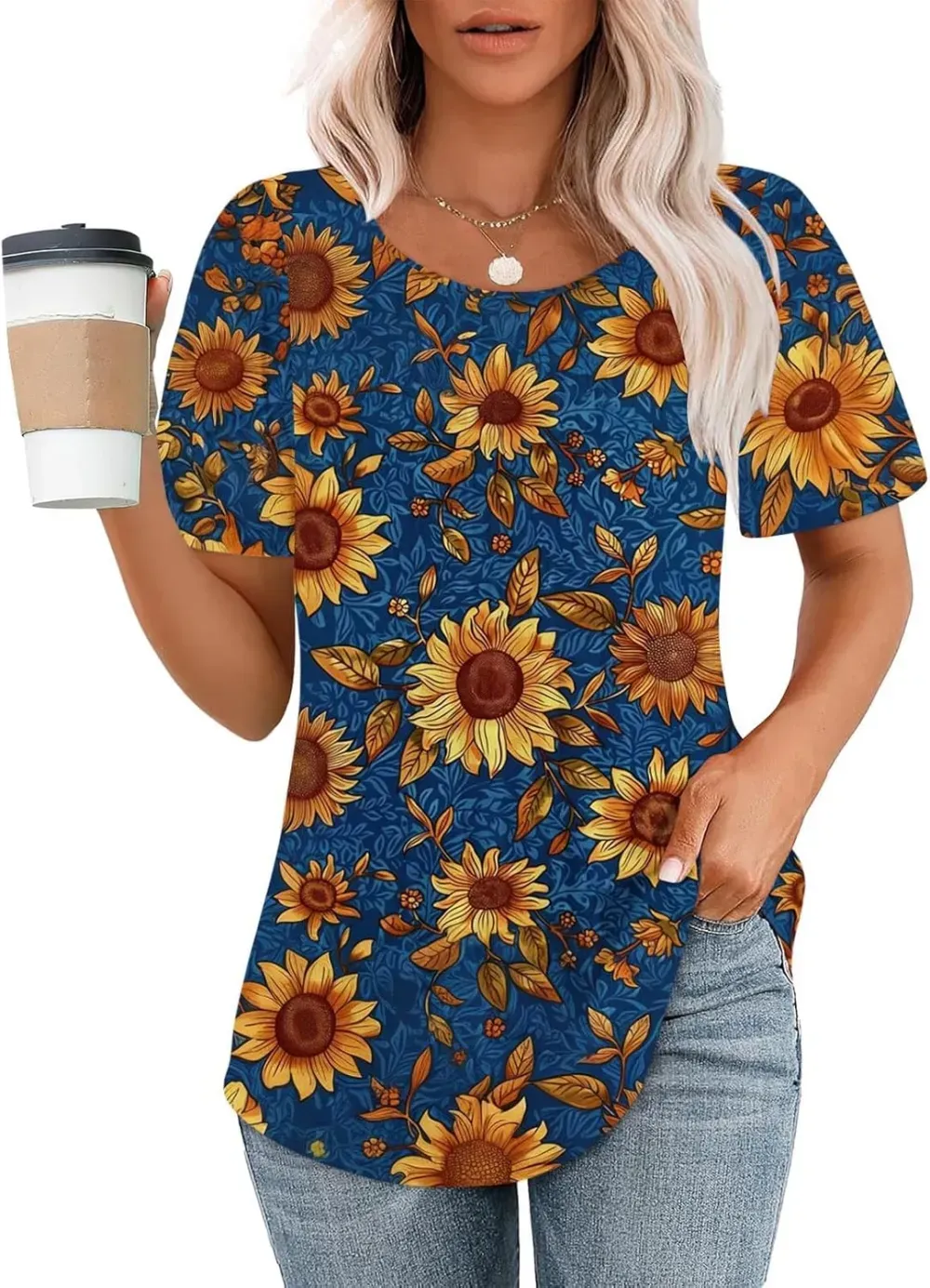 Womens Summer Pleated Front Shirts Tunics Casual Short Sleeved Loose Round Neck Boho Printed Tops Vacation Blouse