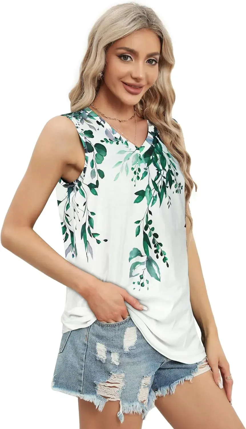 Summer Tops for Women Sleeveless V Neck Tshirt Loose Fit Casual Tank Tunic Blouse