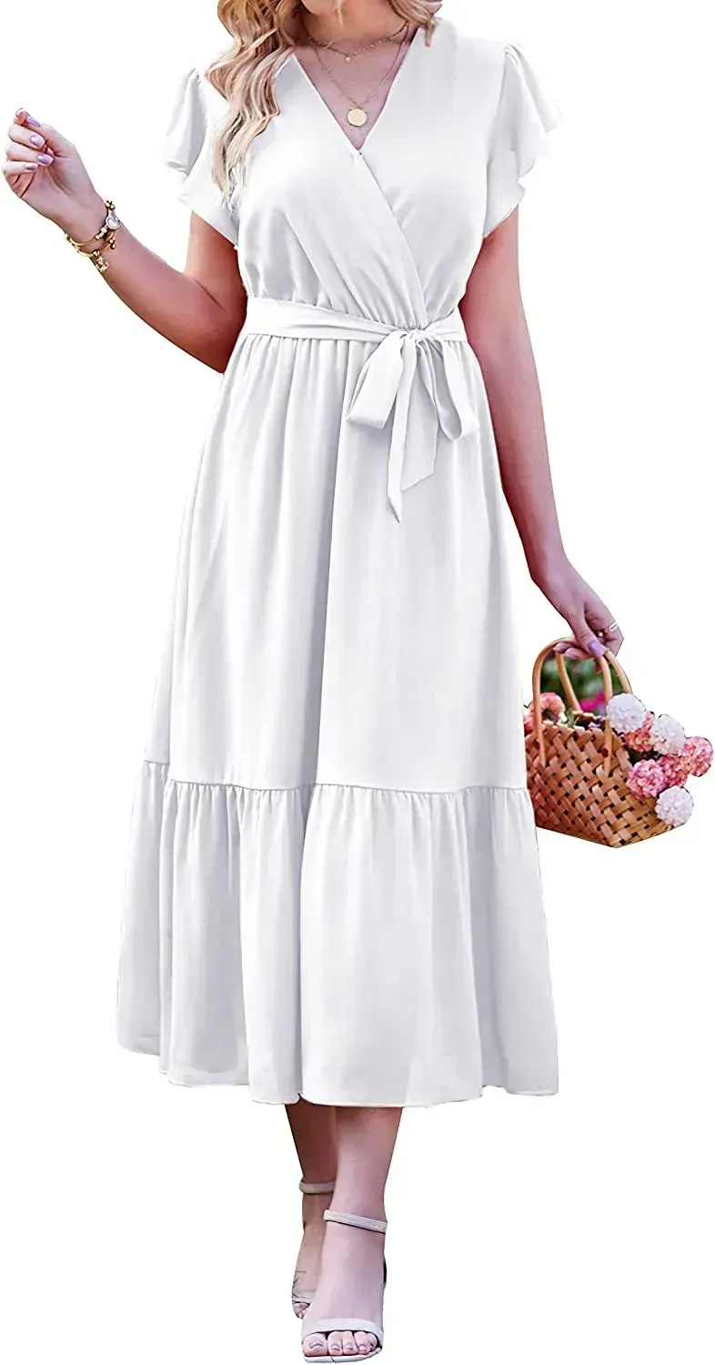 Women Summer Bohemian Floral Casual Wrap V Neck Ruffle Cap Sleeveless Belt A-Line Pleated Hem Swing Midi Sun Dress