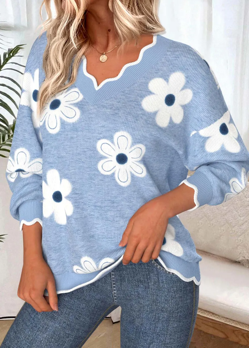 Dusty Blue Scalloped Hem Floral Print Long Sleeve Sweatshirt