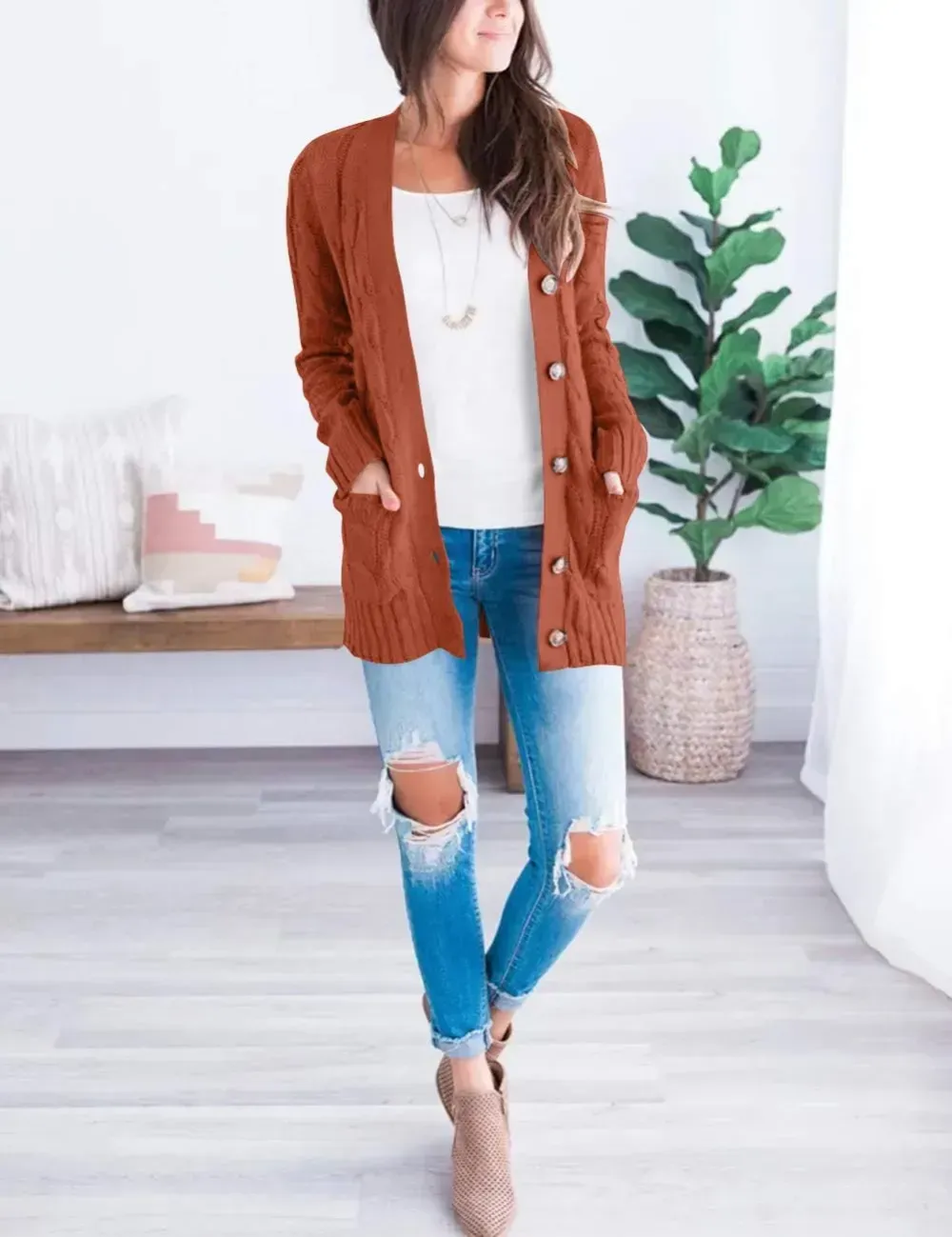 MEROKEETY Women's 2024 Fall Long Sleeve Cable Knit Sweater Open Front Cardigan Button Loose Outerwear