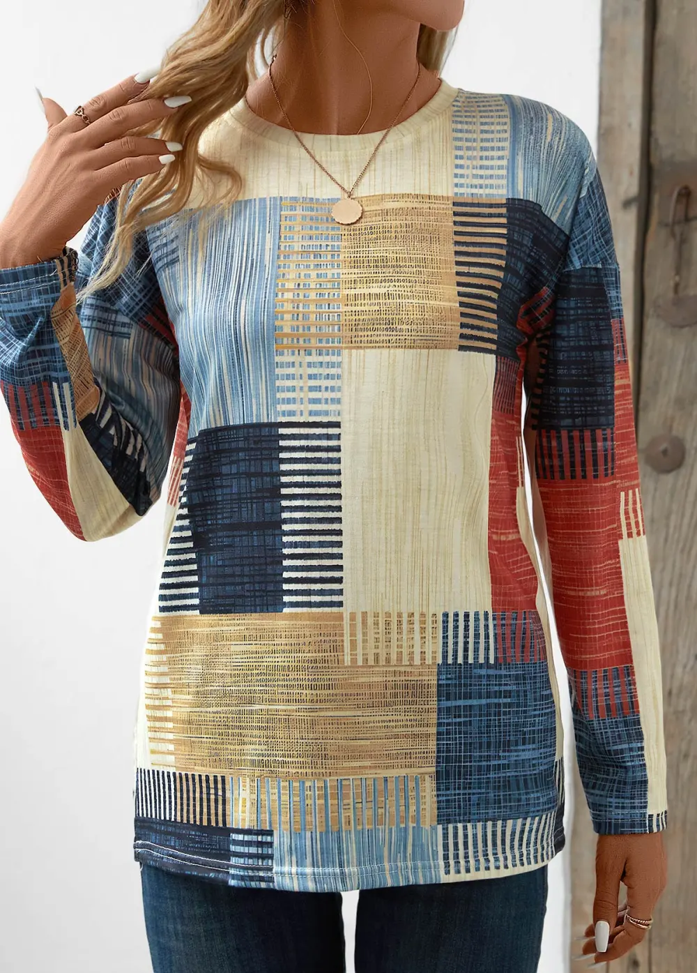 Beige Patchwork Geometric Print Long Sleeve T Shirt
