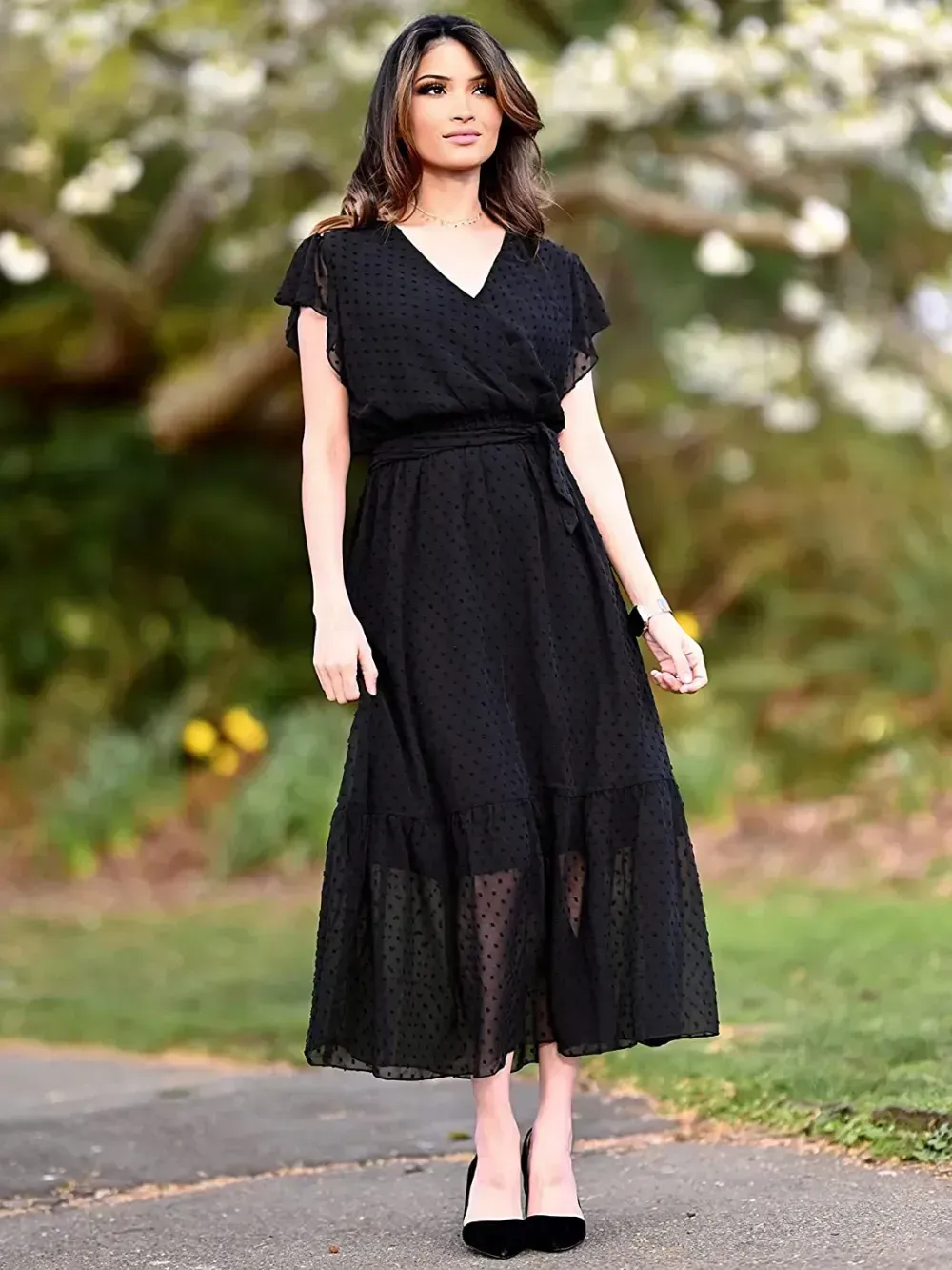 Women Summer Bohemian Floral Casual Wrap V Neck Ruffle Cap Sleeveless Belt A-Line Pleated Hem Swing Midi Sun Dress