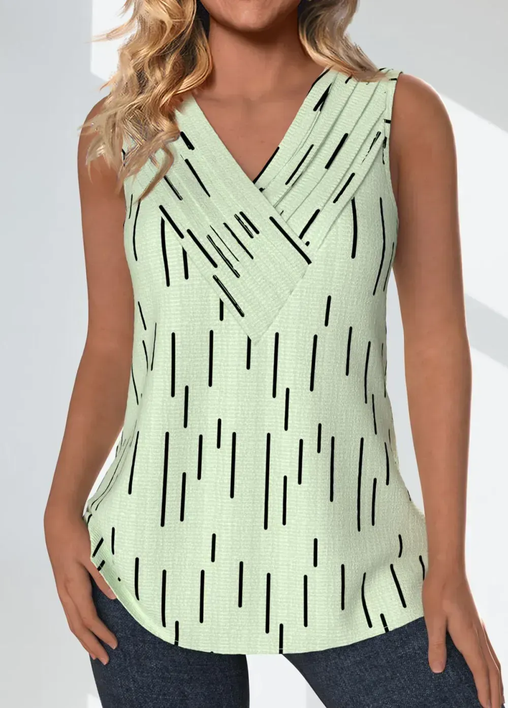 Light Green Surplice Geometric Print Sleeveless Tank Top