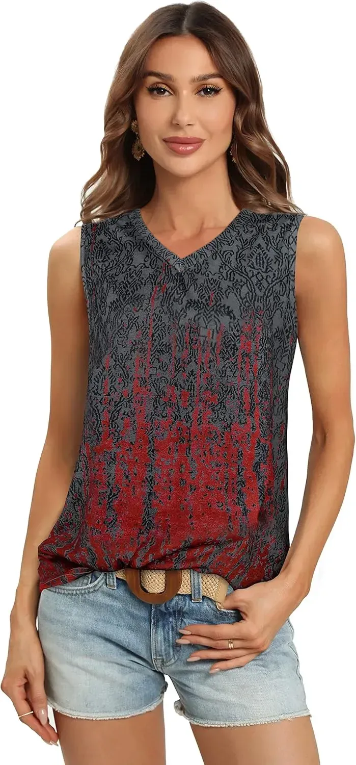 Summer Tops for Women Sleeveless V Neck Tshirt Loose Fit Casual Tank Tunic Blouse