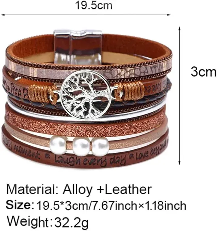 Fesciory Leather Wrap Bracelets for Women, Boho Leopard Multi-Layer Crystal Beads Cuff Bracelet Jewelry