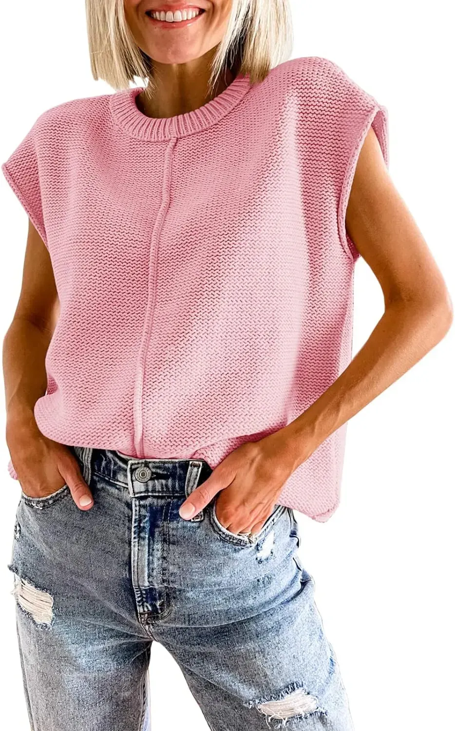 Saodimallsu Womens Summer Cap Sleeve Tops Casual Crew Neck Loose Fit Knit Lightweight Sweater Pullover Top