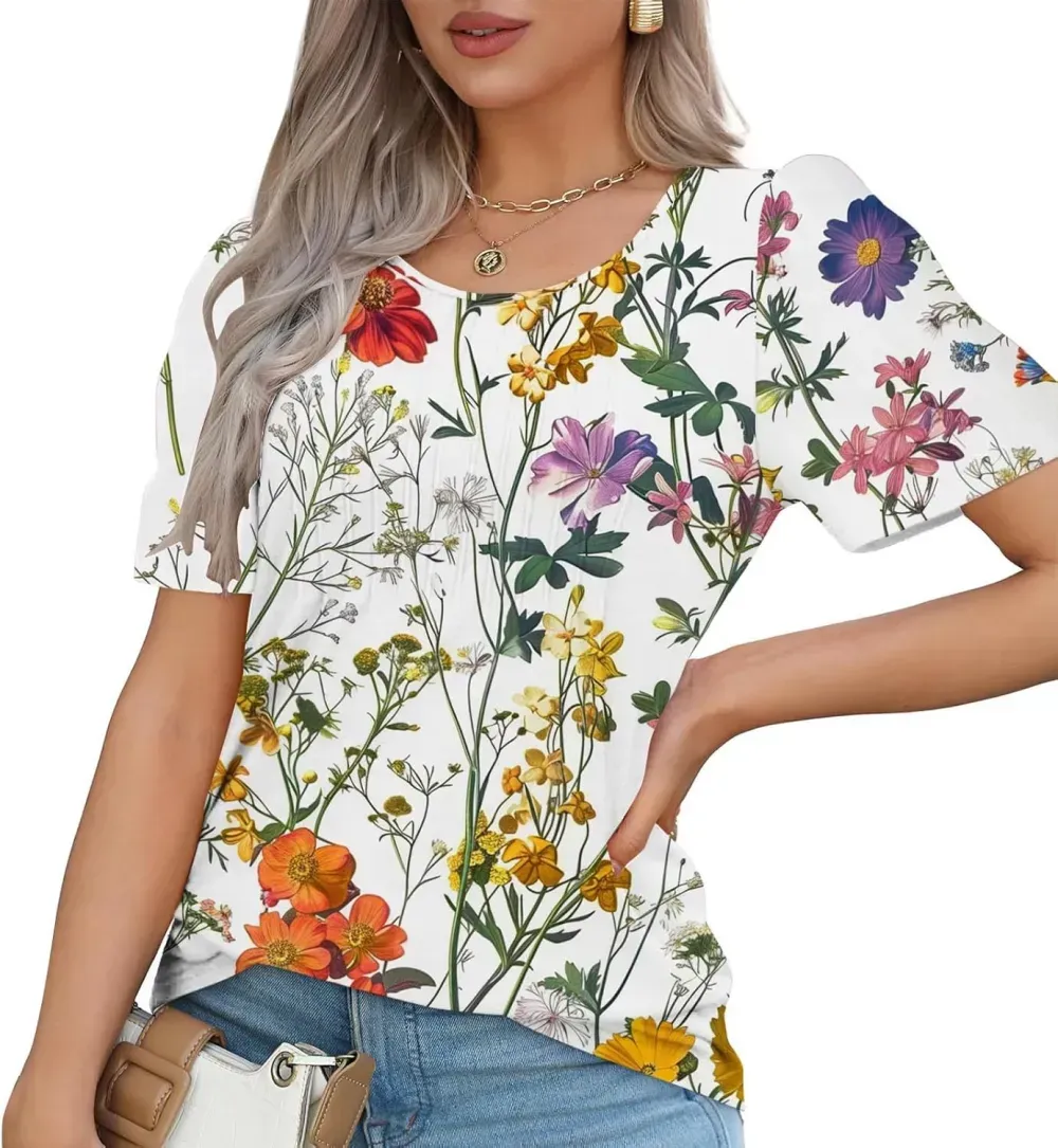 Womens Summer Pleated Front Shirts Tunics Casual Short Sleeved Loose Round Neck Boho Printed Tops Vacation Blouse