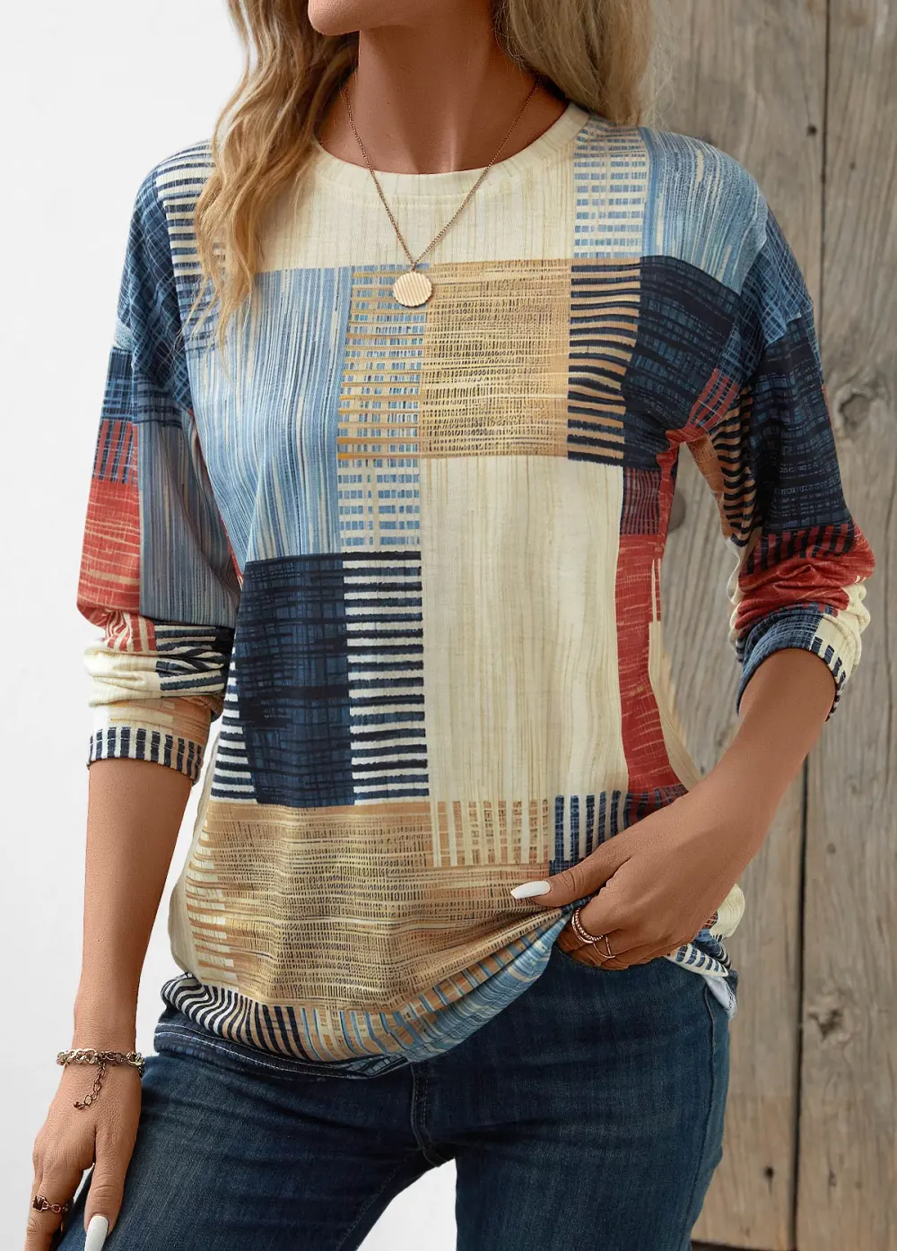 Beige Patchwork Geometric Print Long Sleeve T Shirt