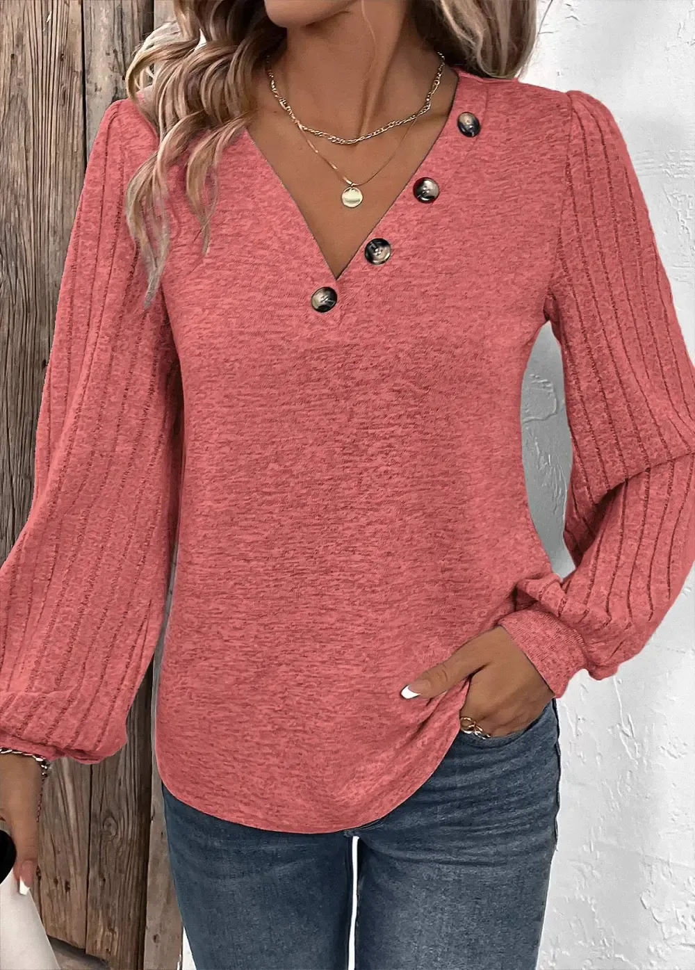 Dusty Pink Patchwork Long Sleeve V Neck Sweatshirt
