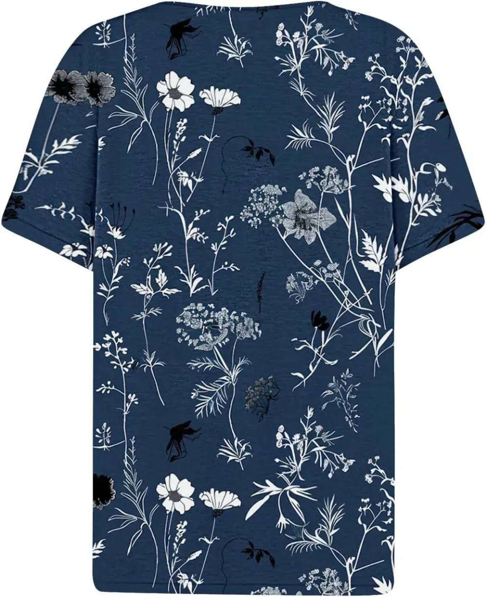 Shirts for Women Casual Printed Summer Tops Short-Sleeved Button V-Neck Tops Blouse Fashion Boho T-Shirts