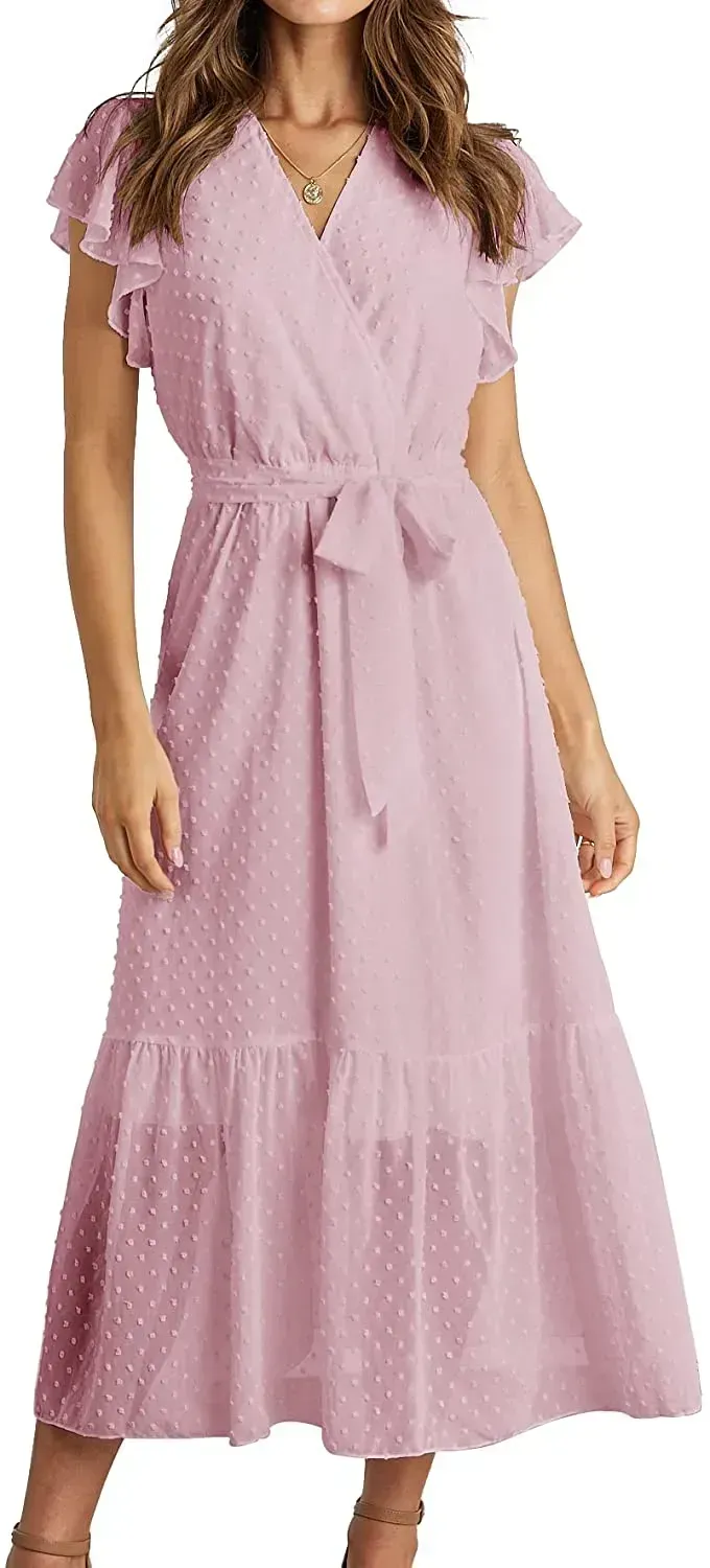 Women Summer Bohemian Floral Casual Wrap V Neck Ruffle Cap Sleeveless Belt A-Line Pleated Hem Swing Midi Sun Dress