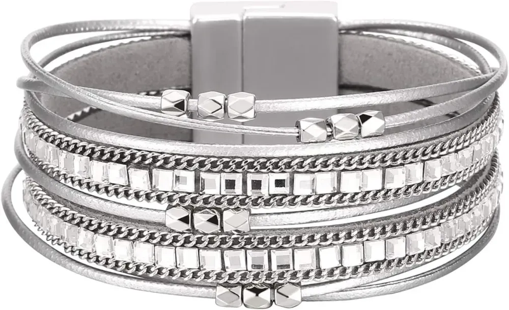 Fesciory Leather Wrap Bracelets for Women, Boho Leopard Multi-Layer Crystal Beads Cuff Bracelet Jewelry