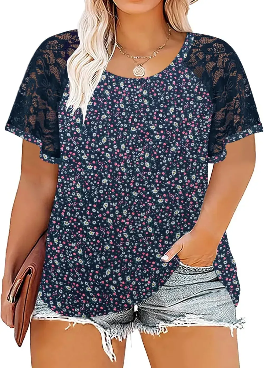 HDLTE Womens Plus Size Tops Floral Bell Sleeves Blouses Summer Crewneck Tunic Loose Casual T Shirts
