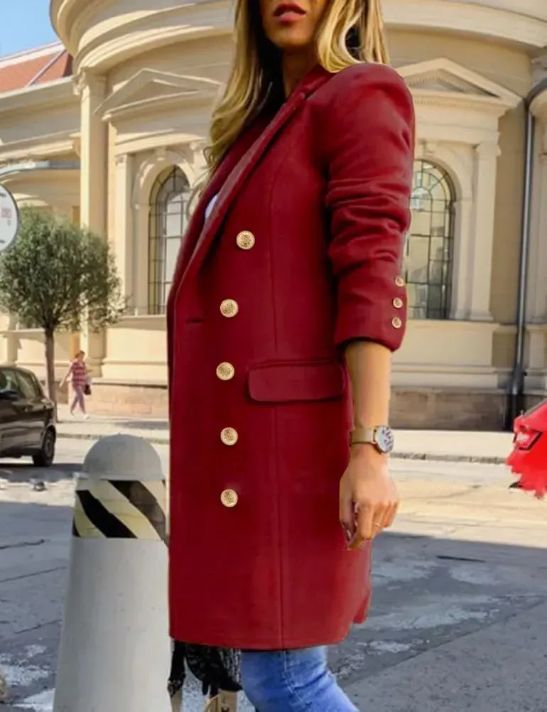 Womens Fall Winter Wool Coats Double Breasted Midi Peacoat Trench Coats