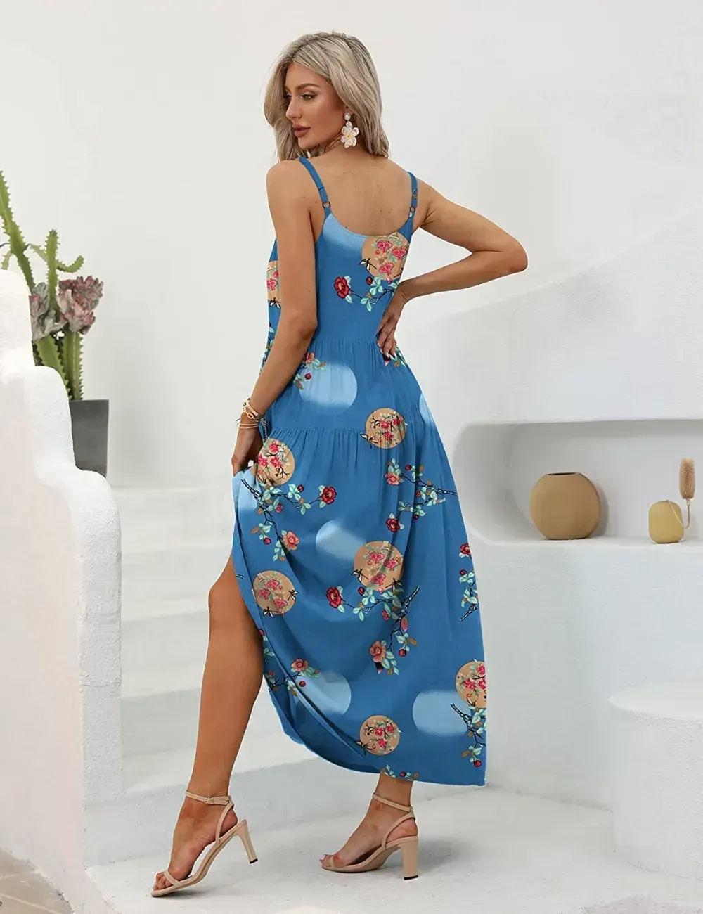 Summer Dresses for Women Casual Loose Bohemian Floral Dress with Pockets Spaghetti Strap Maxi Dress E75