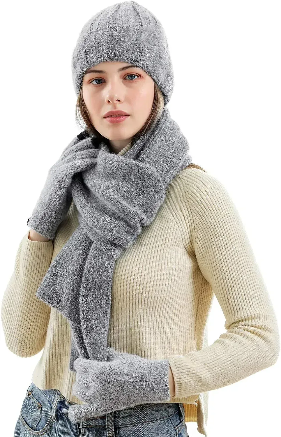 Womens Winter Warm Knit Beanie Hat Touchscreen Gloves Long Scarf Set with Fleece Lined Skull Caps Neck Scarves for Women Men