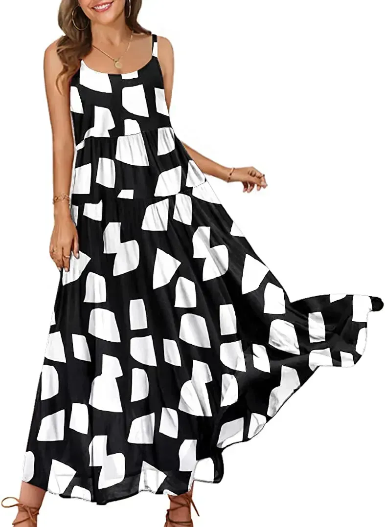 Summer Dresses for Women Casual Loose Bohemian Floral Dress with Pockets Spaghetti Strap Maxi Dress E75