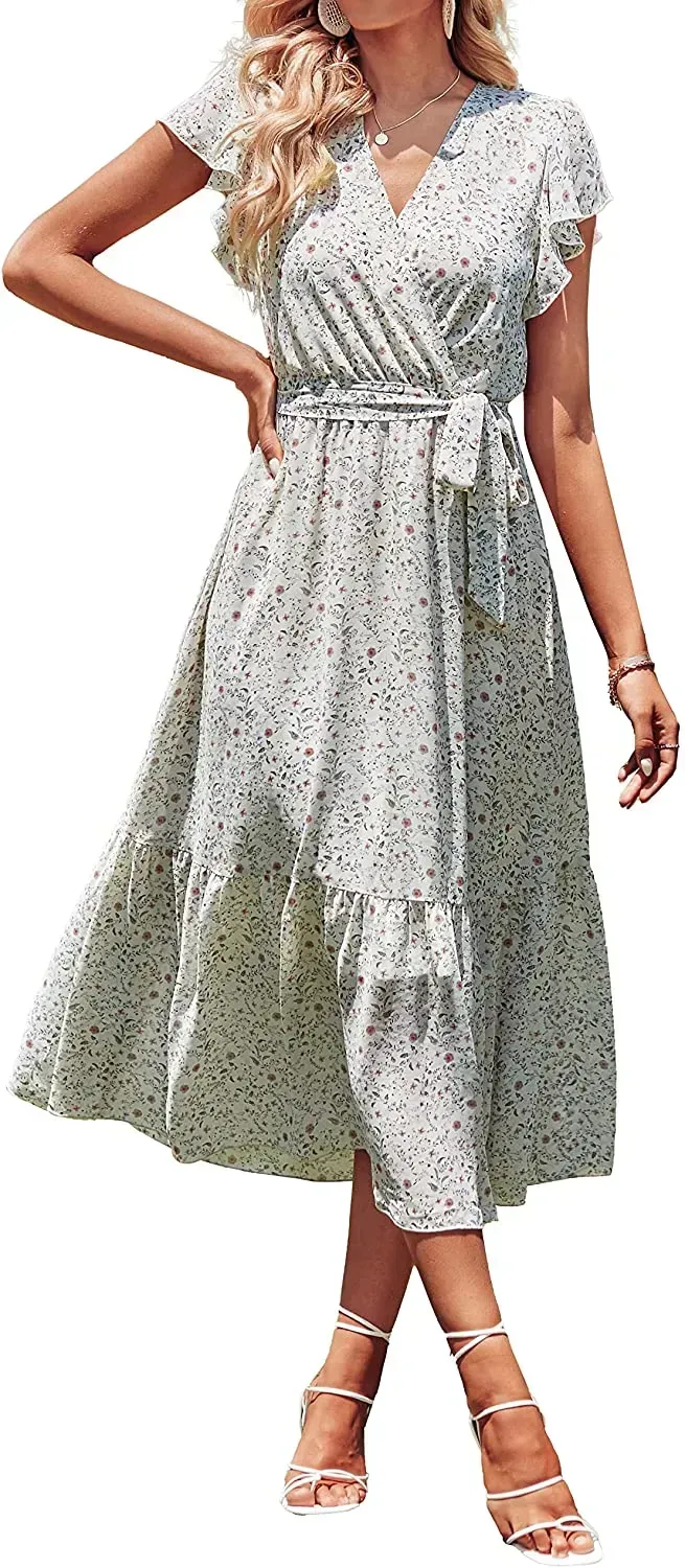 Women Summer Bohemian Floral Casual Wrap V Neck Ruffle Cap Sleeveless Belt A-Line Pleated Hem Swing Midi Sun Dress