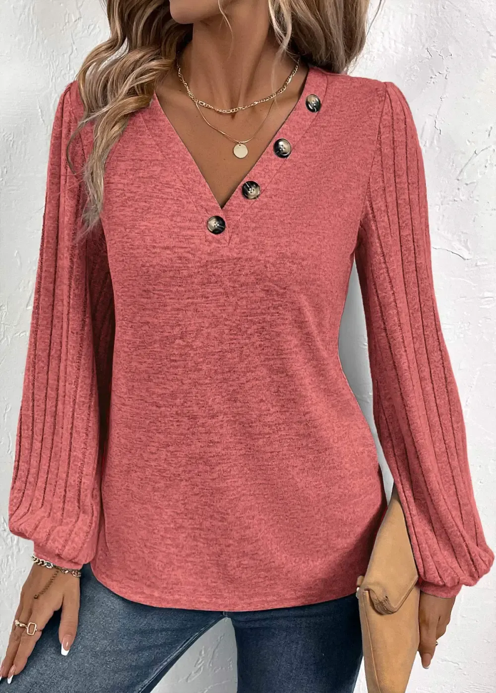 Dusty Pink Patchwork Long Sleeve V Neck Sweatshirt