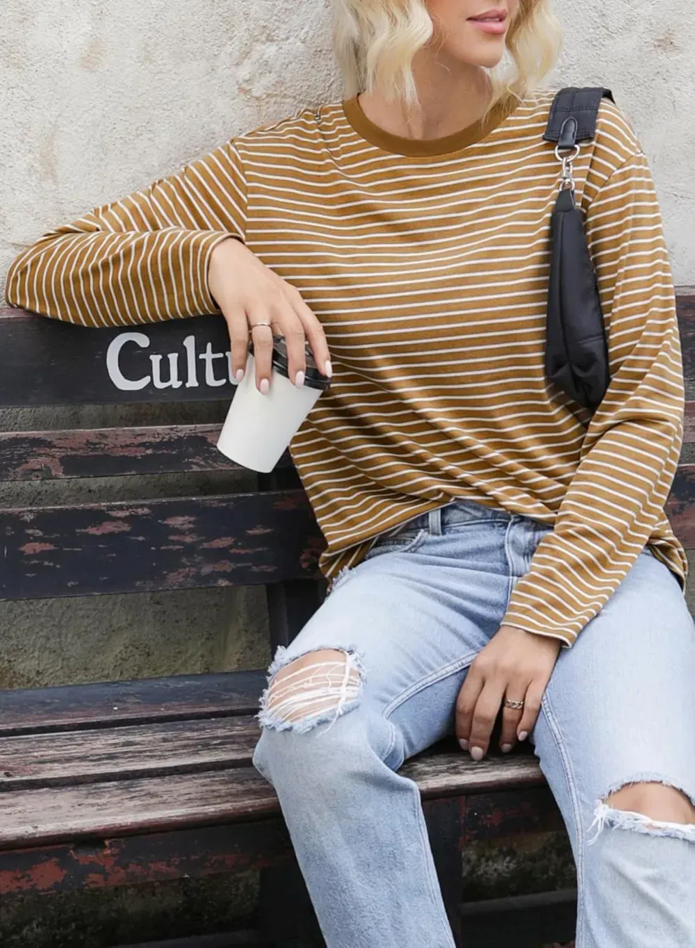 Dokotoo Women's Casual Striped Long Sleeve Tops Crew Neck Knit Ribbed Basic T Shirts