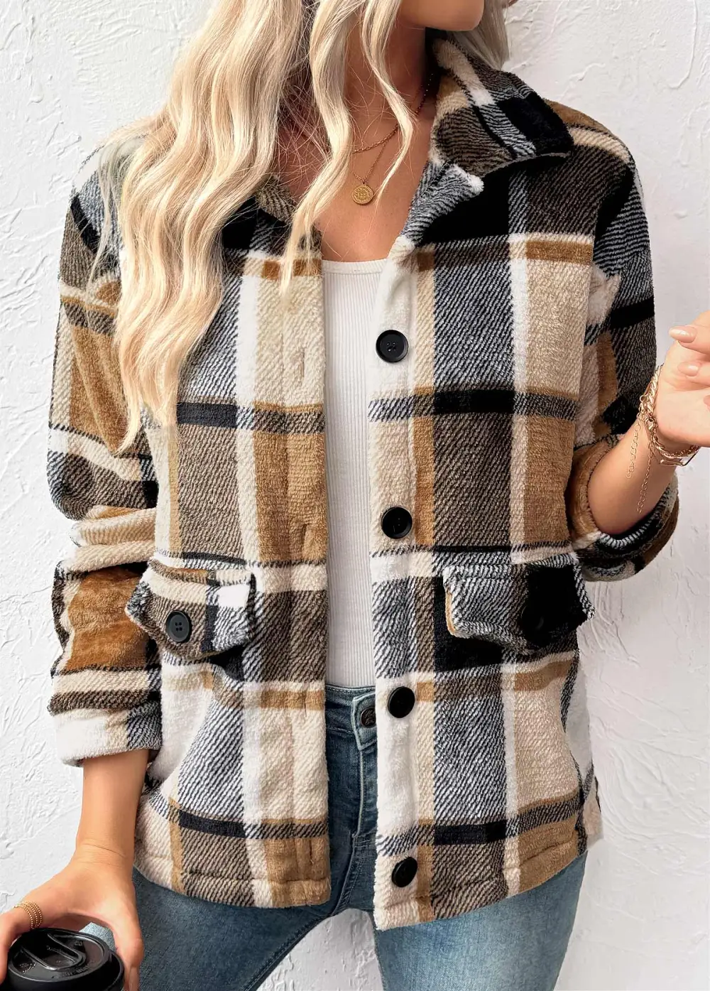 Light Camel Tummy Coverage Plaid Long Sleeve Coat