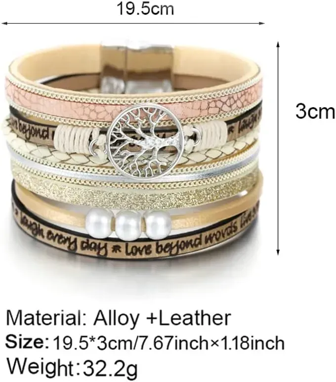 Fesciory Leather Wrap Bracelets for Women, Boho Leopard Multi-Layer Crystal Beads Cuff Bracelet Jewelry