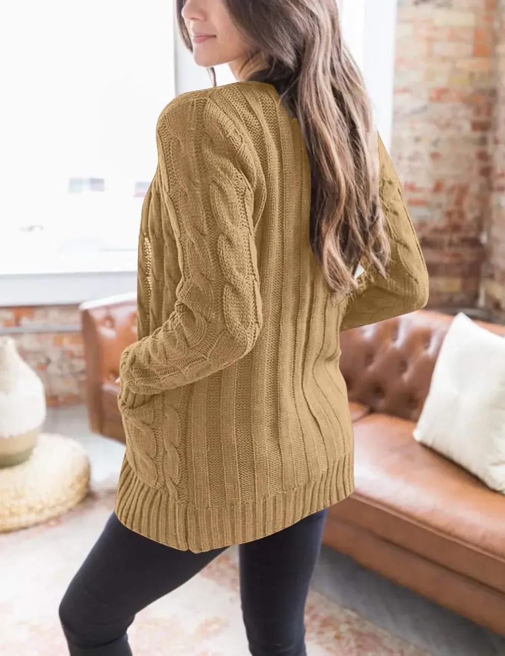 MEROKEETY Women's 2024 Fall Long Sleeve Cable Knit Sweater Open Front Cardigan Button Loose Outerwear