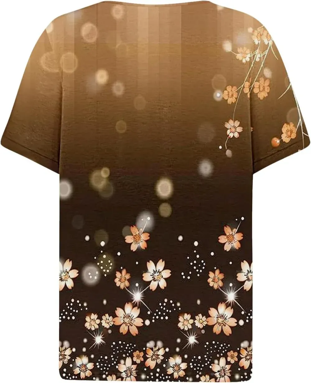Shirts for Women Casual Printed Summer Tops Short-Sleeved Button V-Neck Tops Blouse Fashion Boho T-Shirts