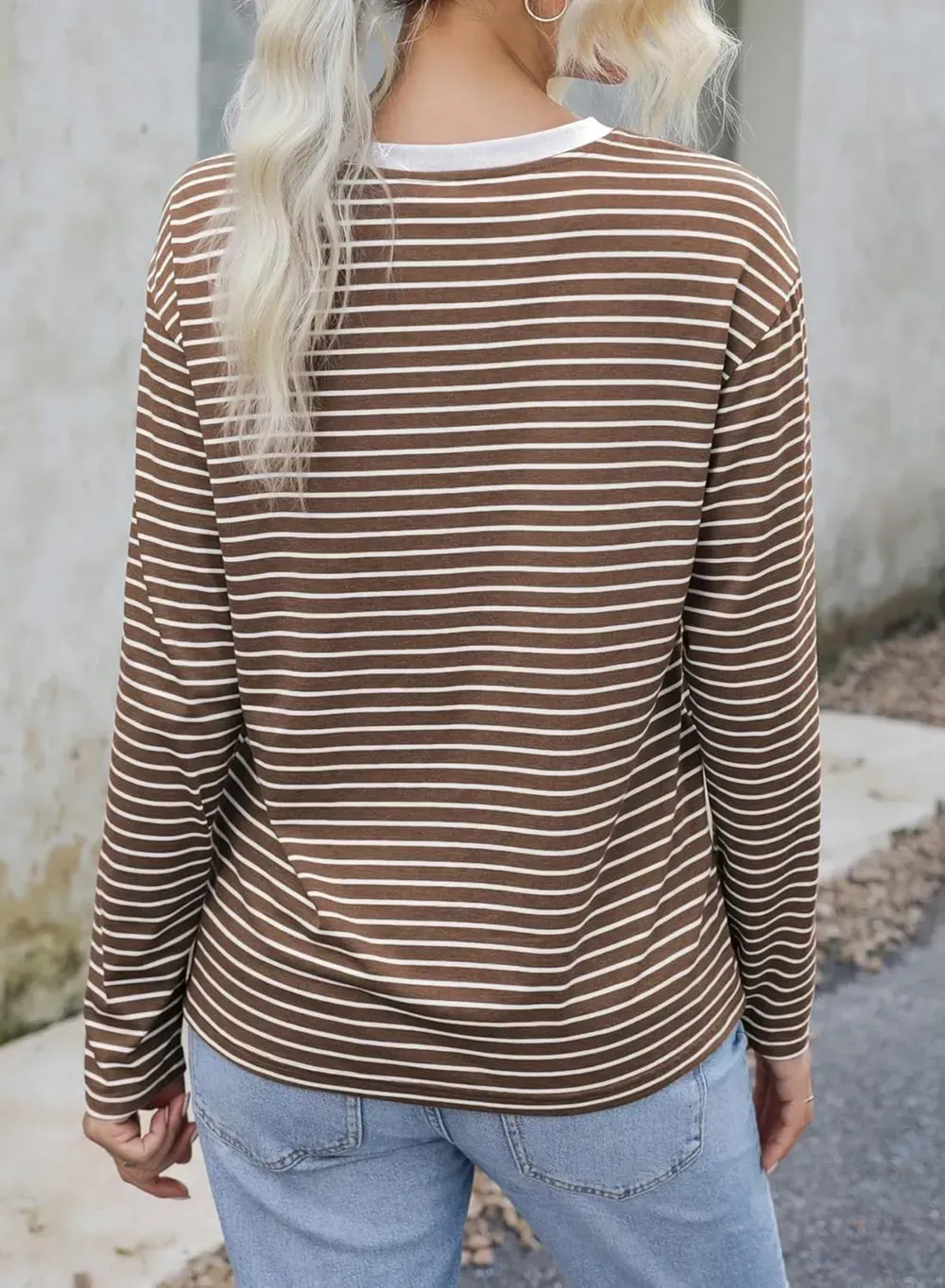 Dokotoo Women's Casual Striped Long Sleeve Tops Crew Neck Knit Ribbed Basic T Shirts