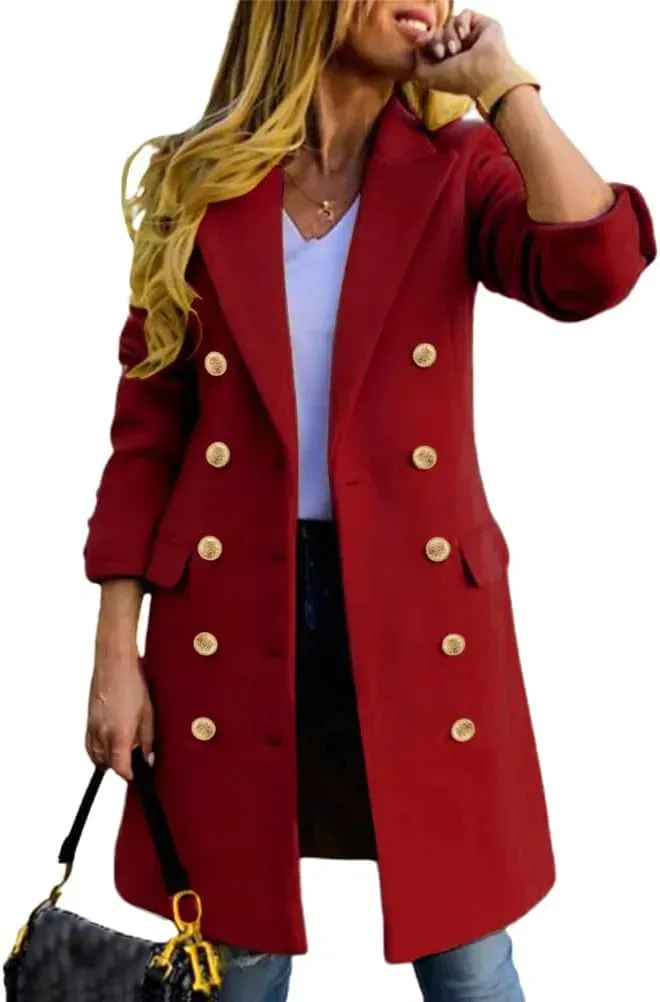 Womens Fall Winter Wool Coats Double Breasted Midi Peacoat Trench Coats