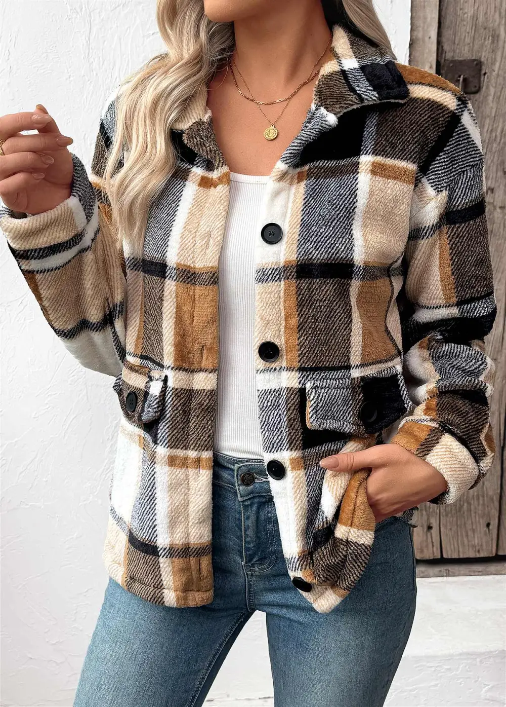 Light Camel Tummy Coverage Plaid Long Sleeve Coat