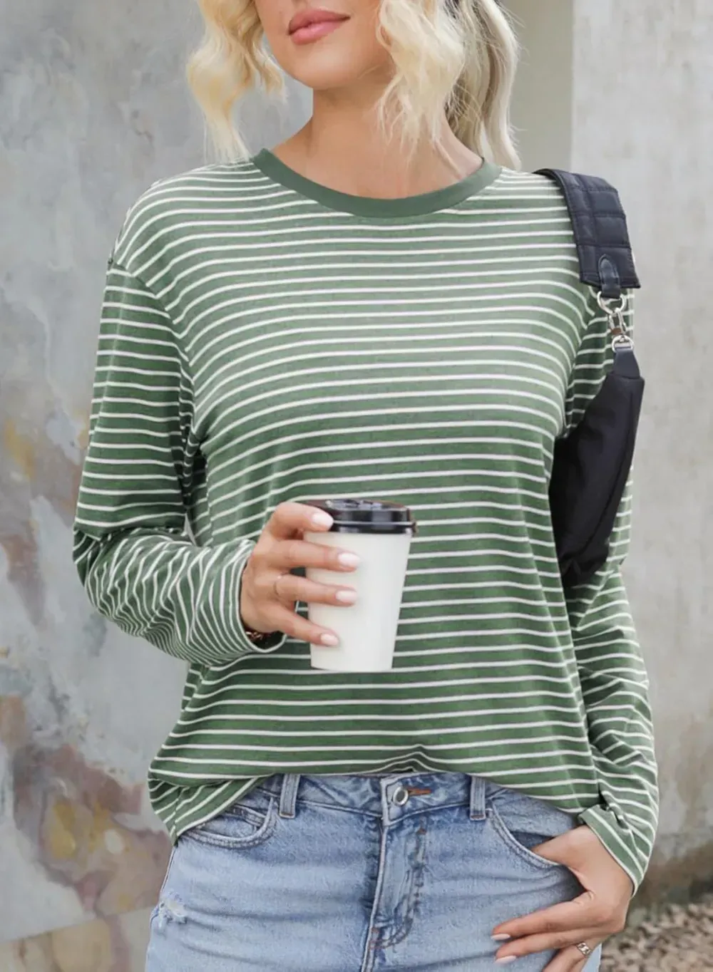 Dokotoo Women's Casual Striped Long Sleeve Tops Crew Neck Knit Ribbed Basic T Shirts