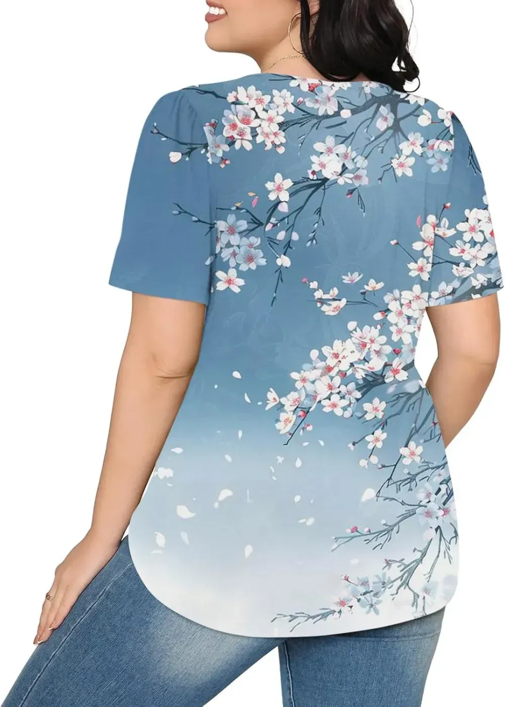 Womens Summer Pleated Front Shirts Tunics Casual Short Sleeved Loose Round Neck Boho Printed Tops Vacation Blouse