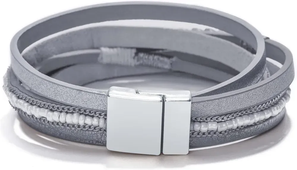 Fesciory Leather Wrap Bracelets for Women, Boho Leopard Multi-Layer Crystal Beads Cuff Bracelet Jewelry