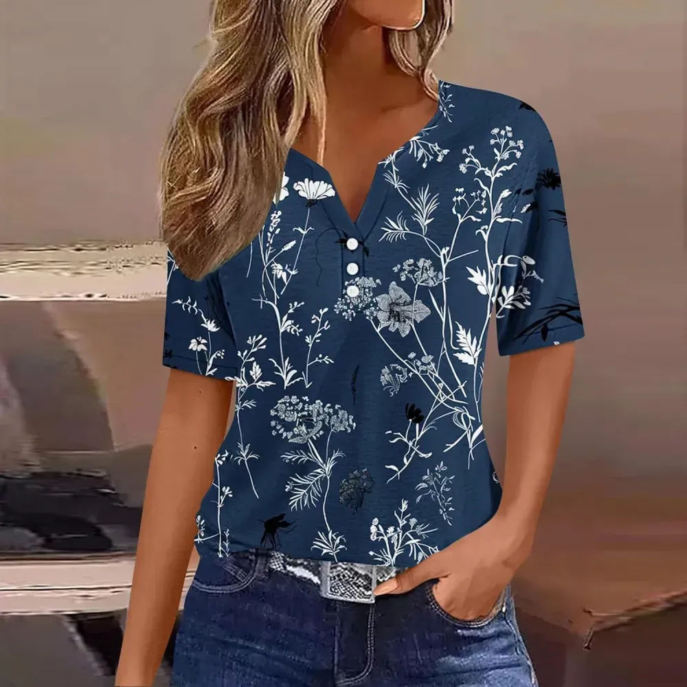 Shirts for Women Casual Printed Summer Tops Short-Sleeved Button V-Neck Tops Blouse Fashion Boho T-Shirts